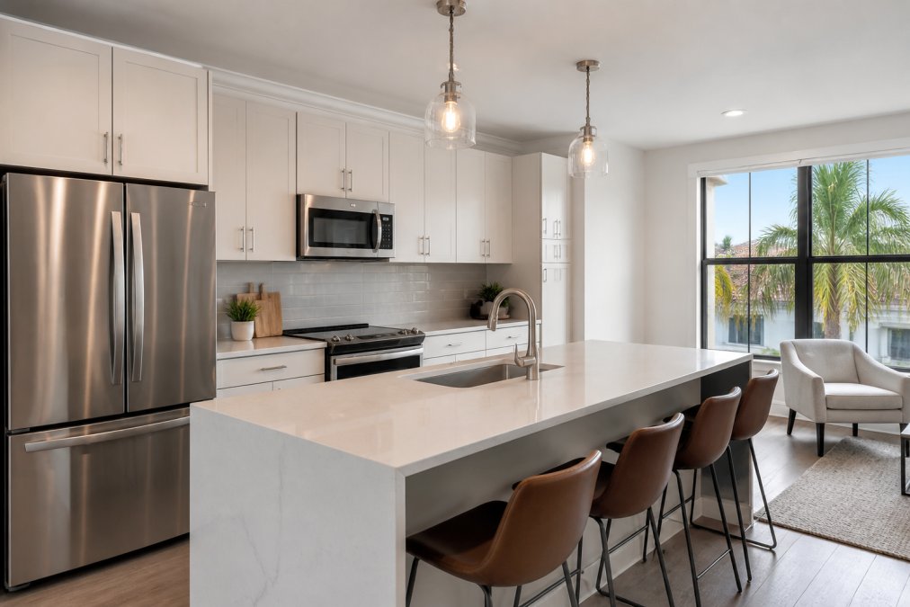 Modern kitchen with stainless steel appliances, quartz countertops, and natural light streaming through large windows in a contemporary apartment