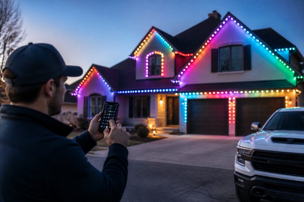 Homeowner using an app to sync the best app controlled holiday lights to music on a house at dusk