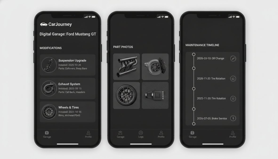 Close-up of smartphone screen displaying digital garage interface with modification entries, part photos, and maintenance timeline visible