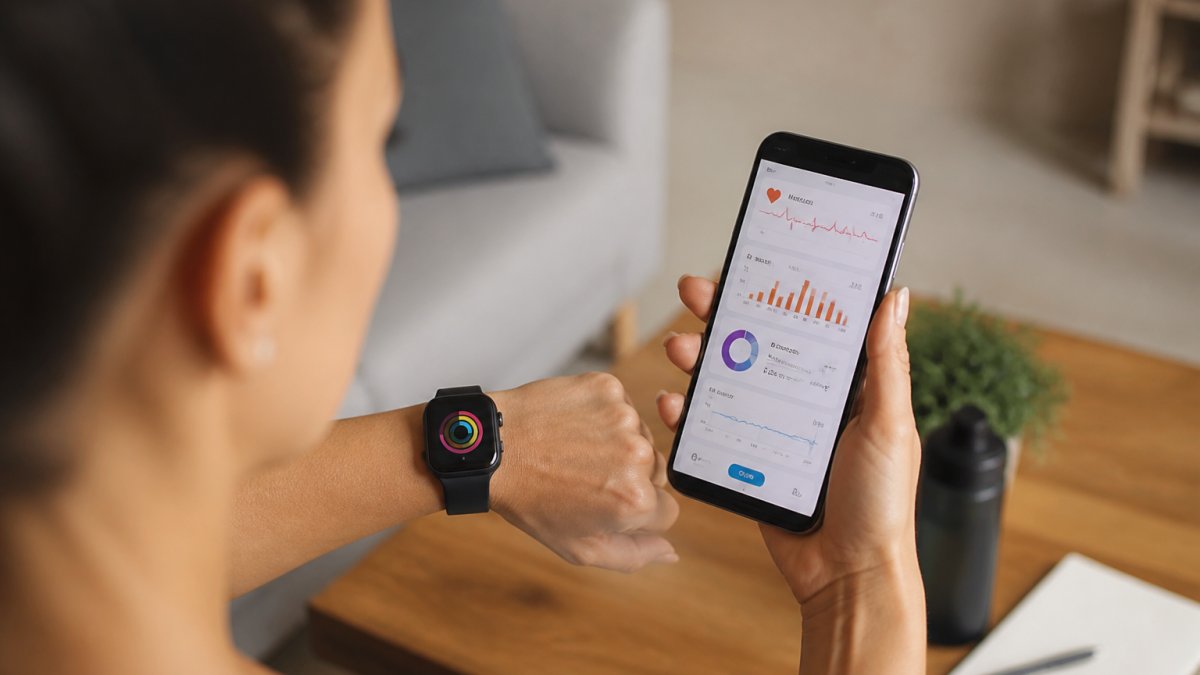 Person wearing smartwatch while checking unified health dashboard on smartphone showing multiple metrics like heart rate, steps, sleep, and activity data in one interface