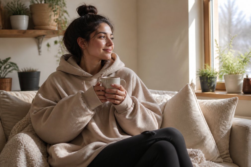 Person wearing a cozy oversized coffee-themed hoodie while holding a warm mug, sitting in a comfortable home setting with soft natural lighting streaming through a window