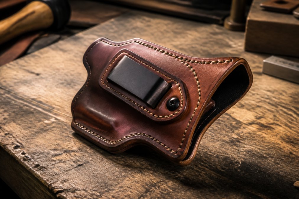 Close-up of a handcrafted full-grain leather IWB holster resting on a worn wooden workbench, showing detailed double-stitching along the welt, a steel belt clip, and a reinforced open mouth, with warm natural light catching the texture of the premium steerhide