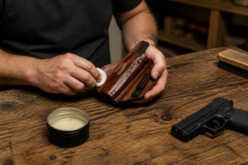 Hands applying leather conditioner with a small cloth to a brown IWB holster on a clean wooden workbench, with a conditioner tin and a compact pistol resting nearby, lit by warm workshop lighting