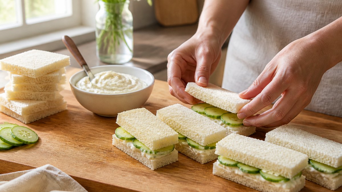 A host's hands assembling cucumber sandwiches on a wooden cutting board, soft afternoon light through a kitchen window, a stack of trimmed white bread and a bowl of cream cheese nearby