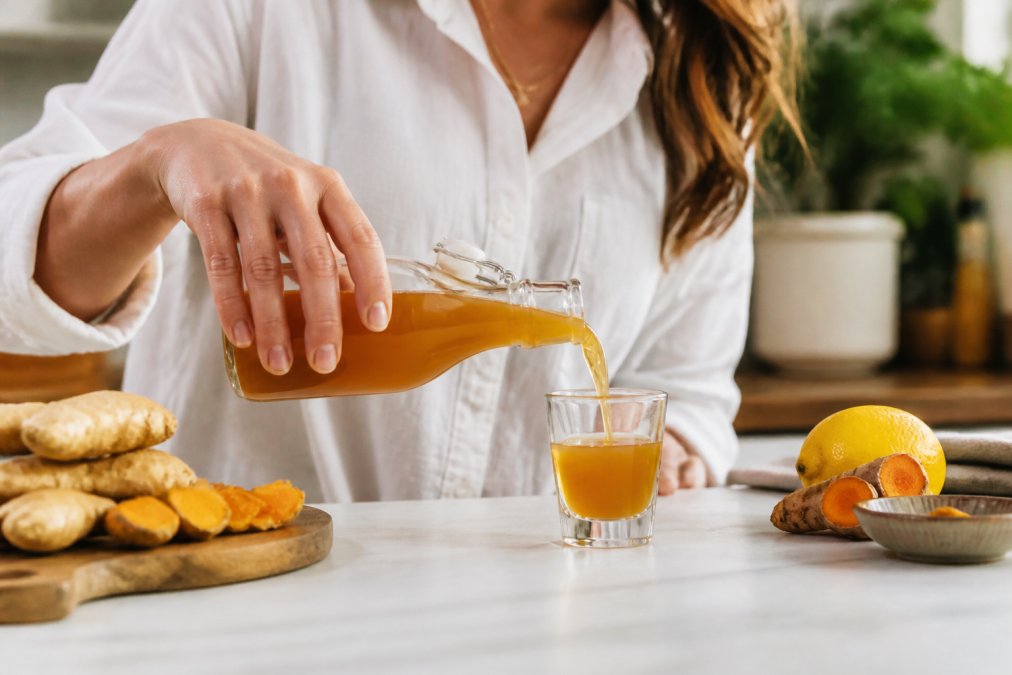 Close-up of a hand pouring amber apple cider tonic from a glass bottle into a small shot glass on a bright kitchen counter, fresh ginger and turmeric root beside it
