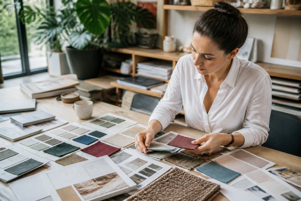 Professional designer arranging digital mood board elements on desktop workspace with fabric swatches, color palettes, and design inspiration visible on computer screen and physical workspace