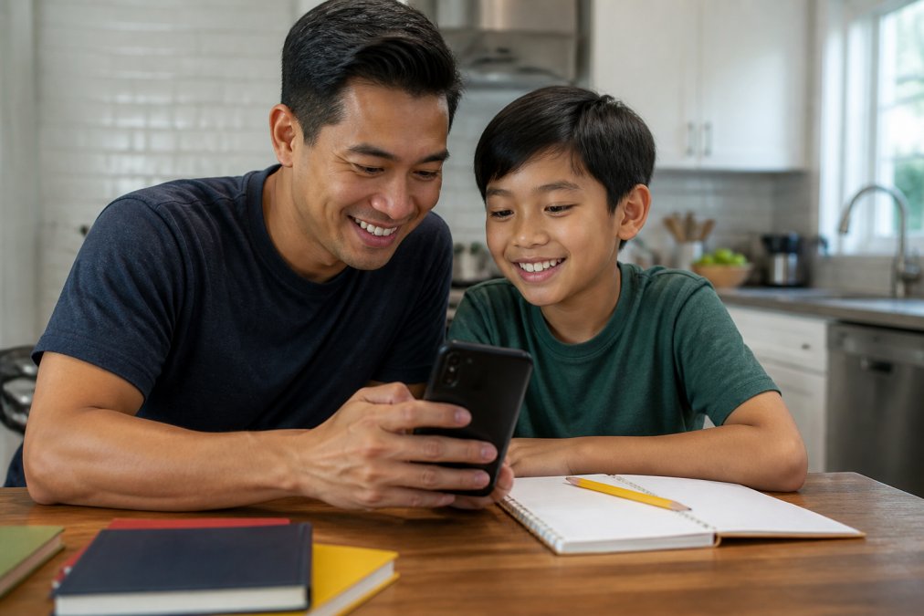 Parent and child sitting together at a kitchen table, looking at a smartphone screen displaying a homework problem, both smiling with a notebook and pencil nearby