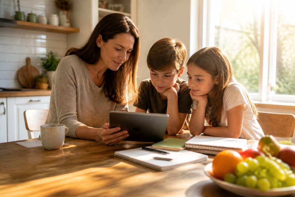 Parent and children using a digital calendar app to improve family time management during a busy morning routine
