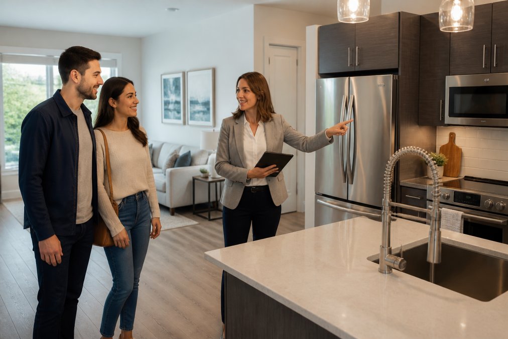 A young professional couple touring a bright, modern apartment with a leasing agent, pointing at stainless steel appliances and quartz countertops in a garden-style community