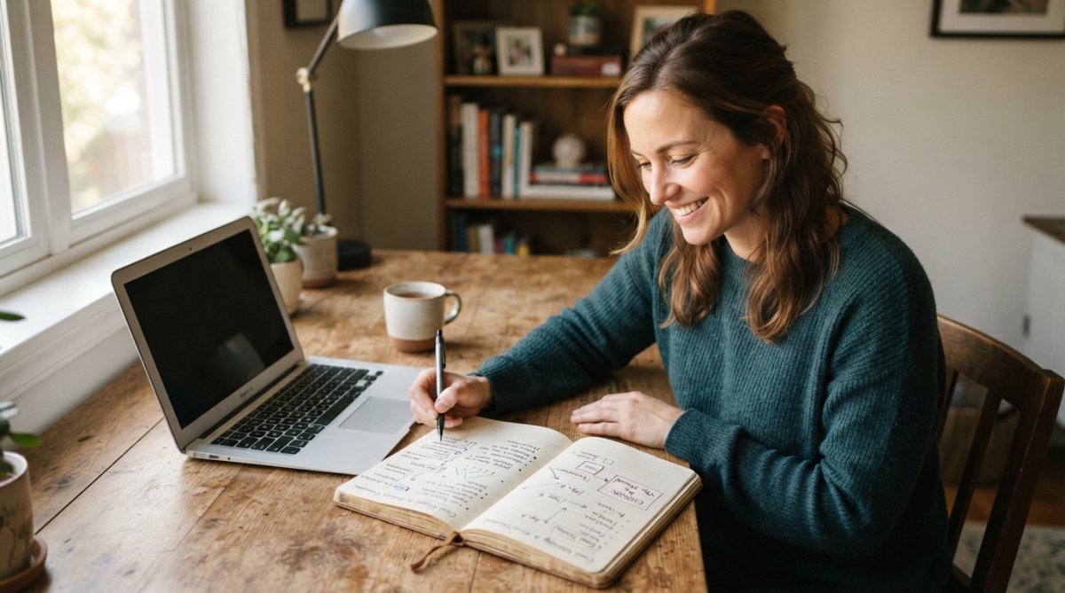 Person sitting at a desk with a laptop and notebook, reviewing goal-tracking progress on screen with a satisfied expression