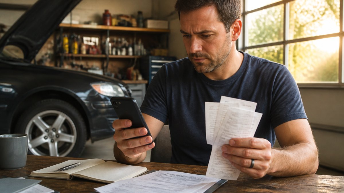 A car owner sitting at a desk with a laptop and smartphone, reviewing a digital maintenance log while holding a stack of paper service receipts, warm afternoon light through a garage window