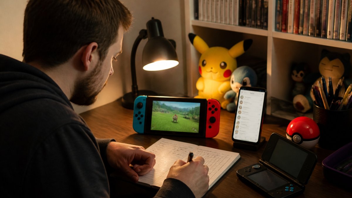 A dedicated fan uses a shiny pokemon tracker app on multiple devices while organizing hunting notes.