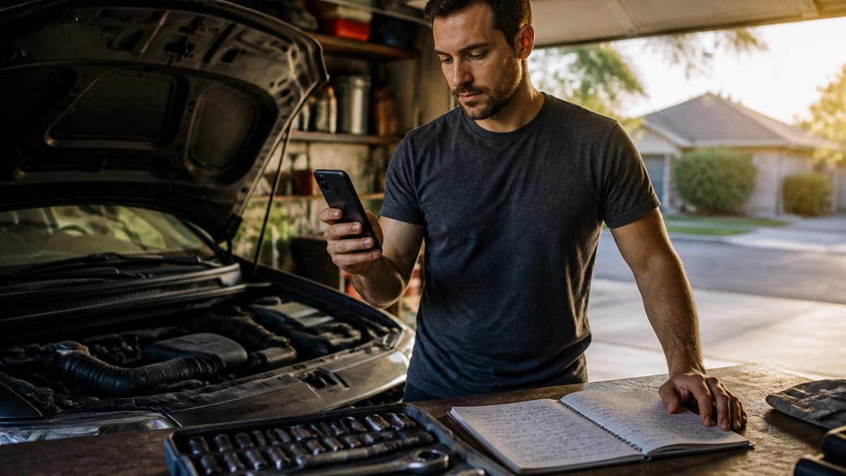 Car owner checking a digital maintenance app for service intervals while working on a vehicle in a home garage.