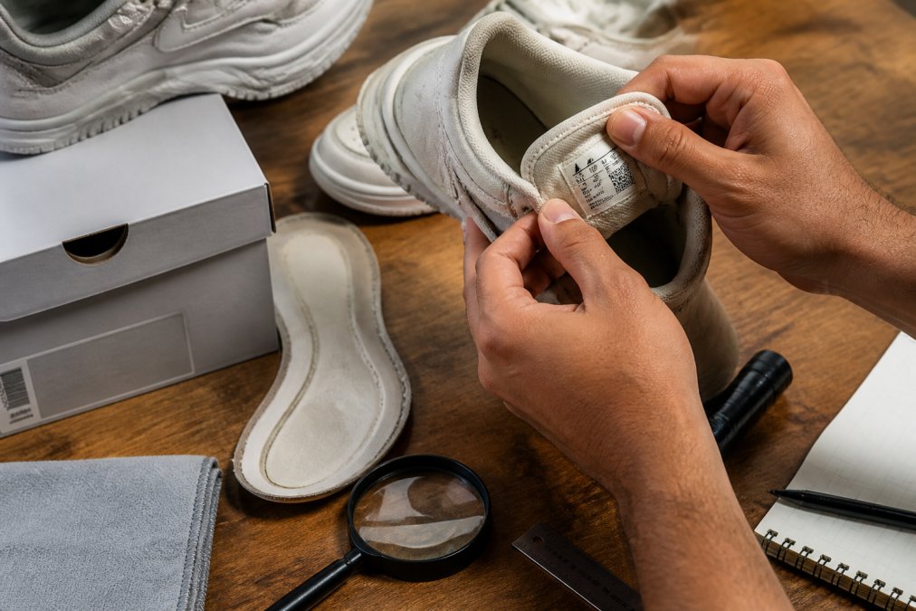 Close-up of hands examining sneaker details including stitching patterns, sole construction, batch code on tongue tag, and box label under bright lighting