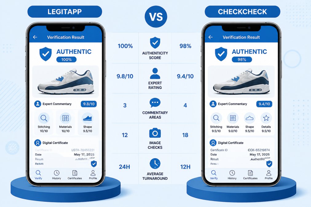 Two smartphone screens side-by-side displaying authentication app interfaces showing verification results, expert commentary, and digital certificates with bright screen lighting