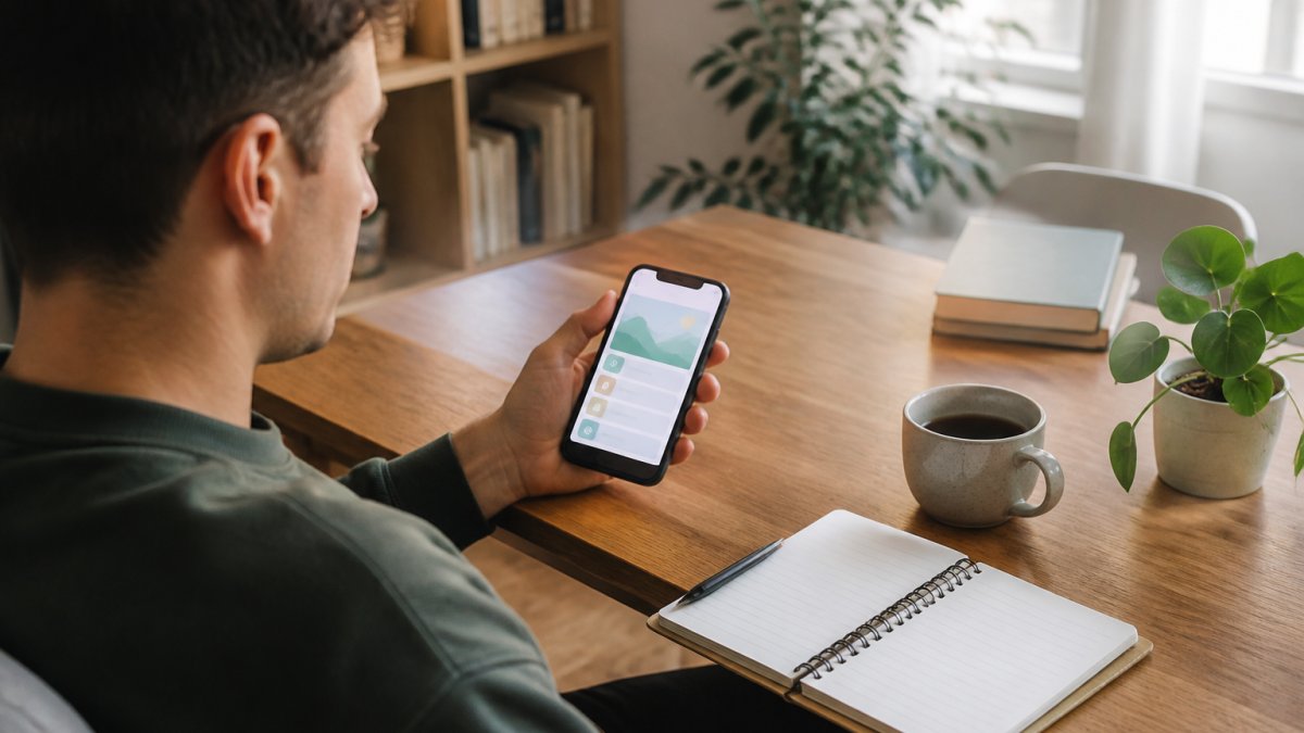 Young adult using apps to help with social anxiety on a smartphone at a bright home office desk