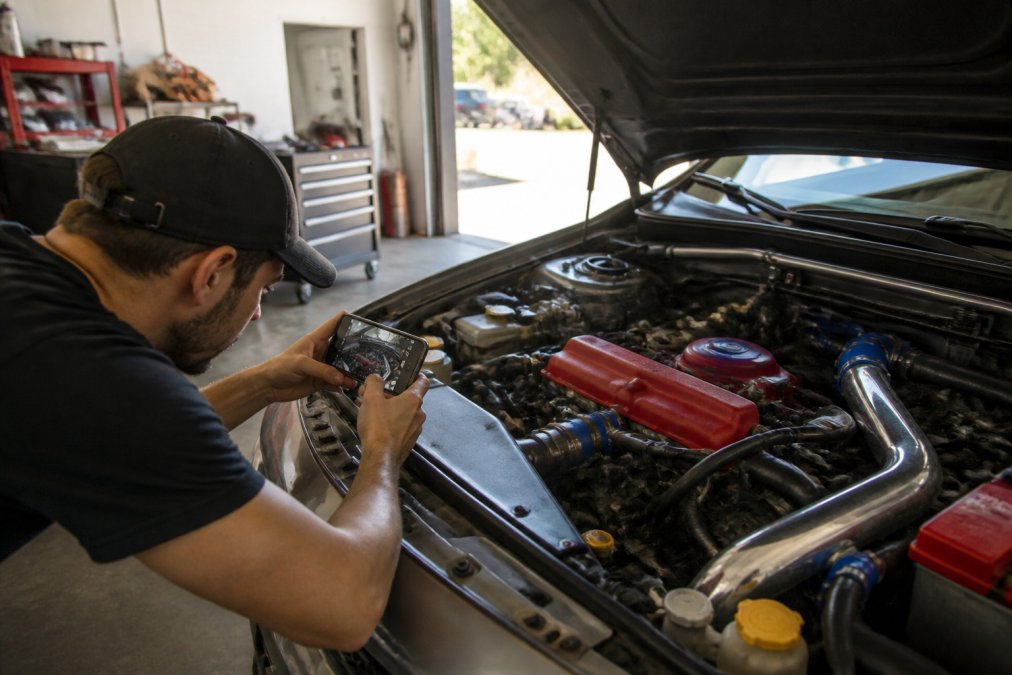 Automotive enthusiast photographing a newly installed engine modification with smartphone camera in a garage workshop, with tools, engine bay, and aftermarket parts visible in the background, natural sunlight streaming through garage door