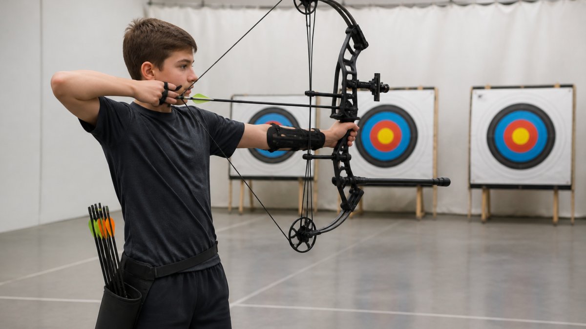 Young archer at indoor archery range wearing protective arm guard and finger tab, drawing compound bow with proper form, quiver of arrows visible at hip, focused expression, bright indoor lighting