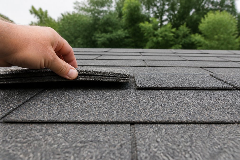 Close-up comparison of a hand holding an architectural shingle next to a flat 3-tab shingle on a rooftop, showing the obvious thickness difference