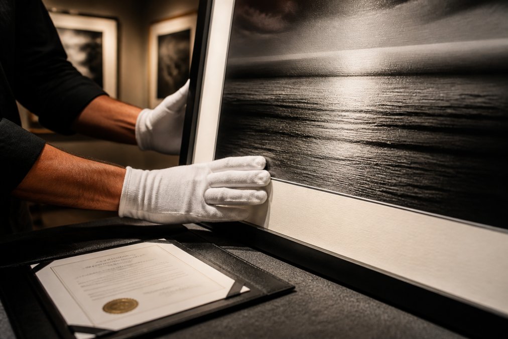Infographic process for verifying archival fine art quality with hands in gloves examining print texture