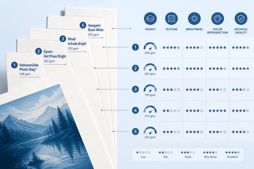 Close-up of different archival matte art paper samples fanned out showing varied textures and bright white tones under natural studio lighting, with a printed fine art sample visible on one sheet