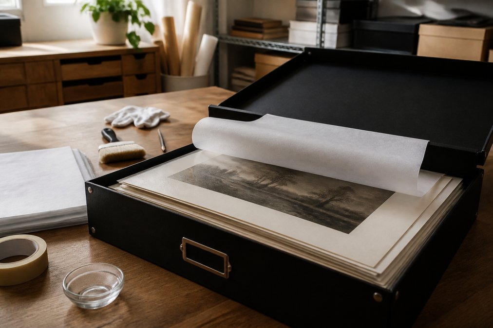 Carefully organized portfolio storage box with archival matte prints stored flat with acid-free tissue separating each sheet, in a climate-controlled interior space with neutral lighting