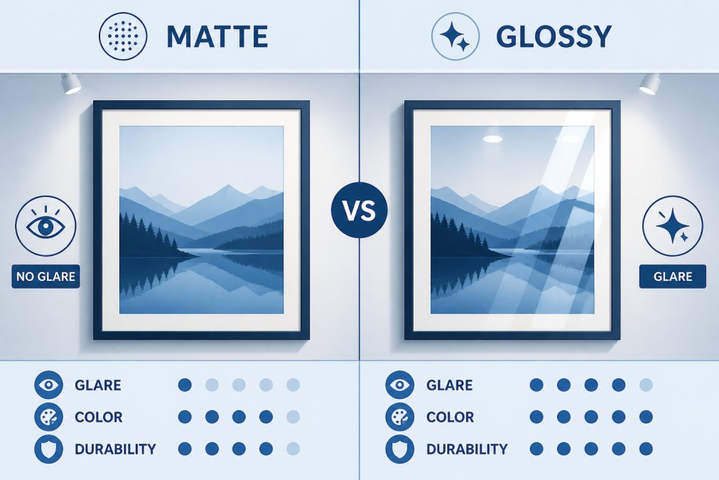 Two identically framed fine art prints displayed side by side on a white gallery wall, one with matte finish showing soft, even color without reflection, one with glossy finish showing visible light reflection and glare from overhead gallery lighting
