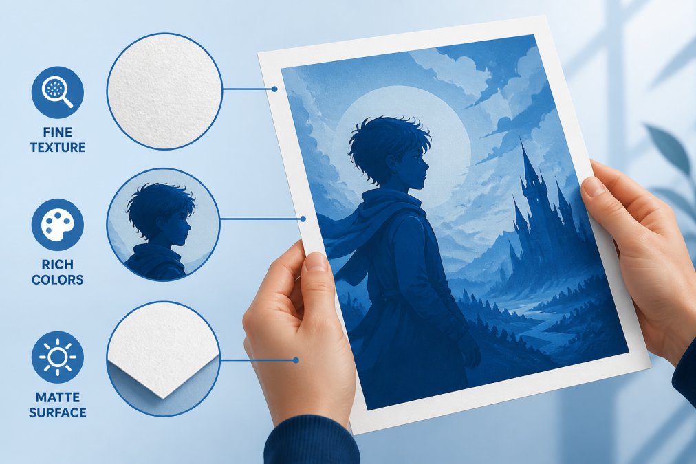 Close-up of hands holding a high-quality archival matte print, showing the fine paper texture, rich color saturation in character artwork, and smooth matte surface in natural daylight