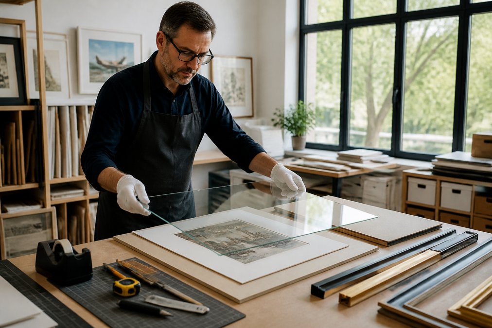 Professional framing expert demonstrating UV-protective glass installation and acid-free matting layers on an archival print in a bright, modern framing studio with natural light from large windows
