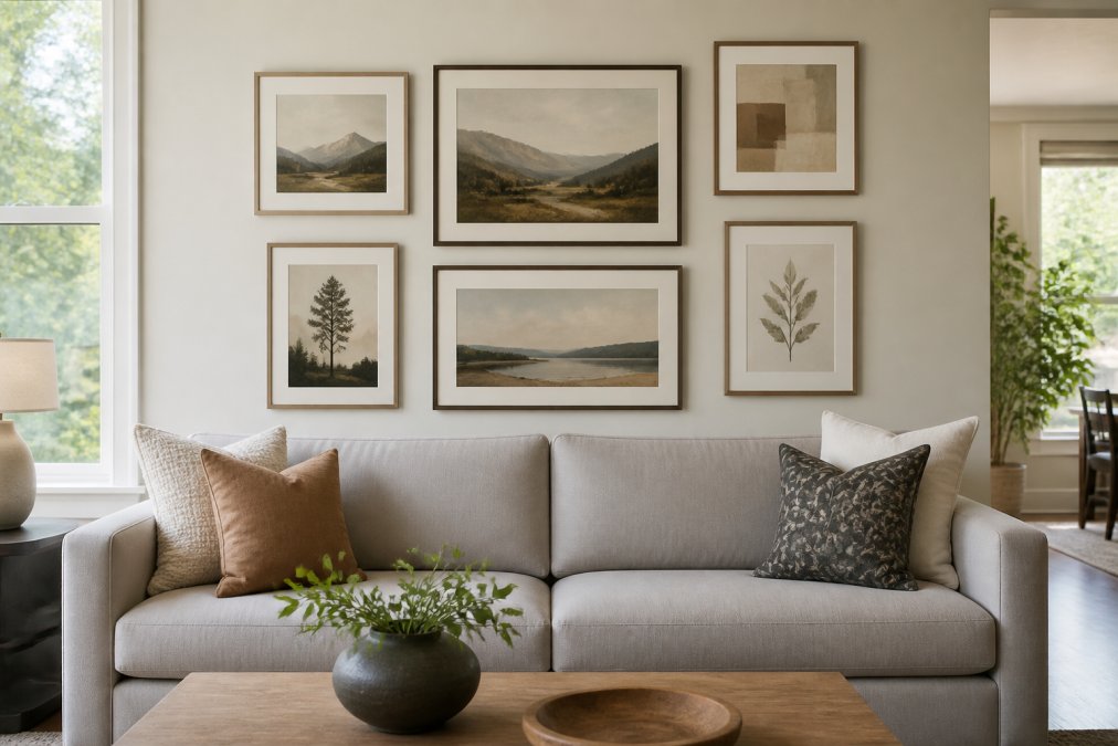 Modern living room featuring a carefully curated gallery wall with five framed archival prints in mixed sizes arranged above a light gray sofa, showing neutral earth-toned artwork with nature-inspired landscapes and abstract pieces creating visual harmony with soft natural light from nearby windows