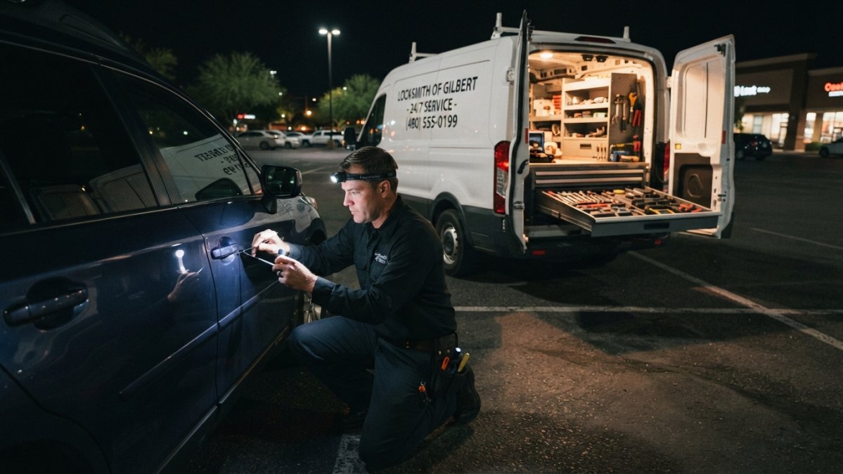 A locksmith technician in uniform kneeling beside a car door at night, flashlight in hand, work van parked nearby with tool drawers open