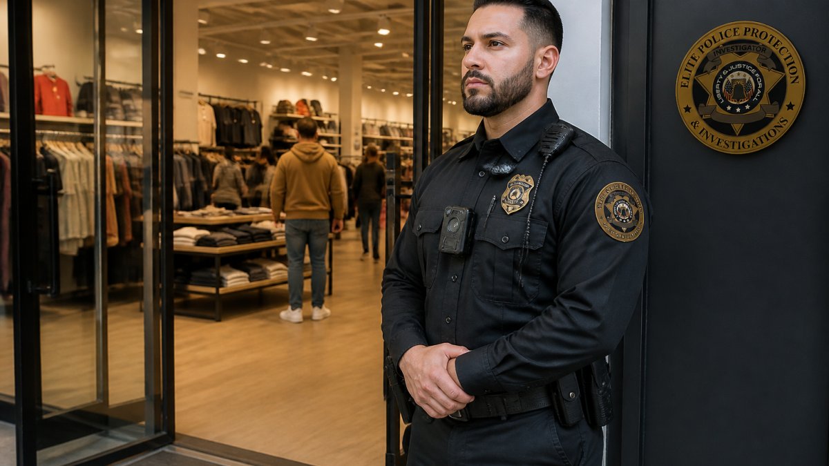 Uniformed officer providing the best armed security for retail at a store entrance
