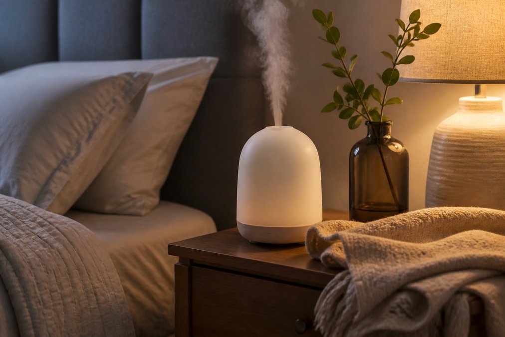 Ultrasonic diffuser releasing mist on a wooden nightstand for aromatherapy for stress in a cozy bedroom at dusk