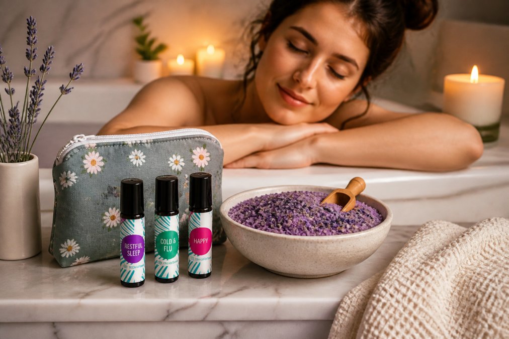 Woman relaxing in a spa-like bathroom with lavender bath salts in a ceramic bowl, an essential oil roller on the marble counter, and soft warm lighting creating a calming wellness atmosphere