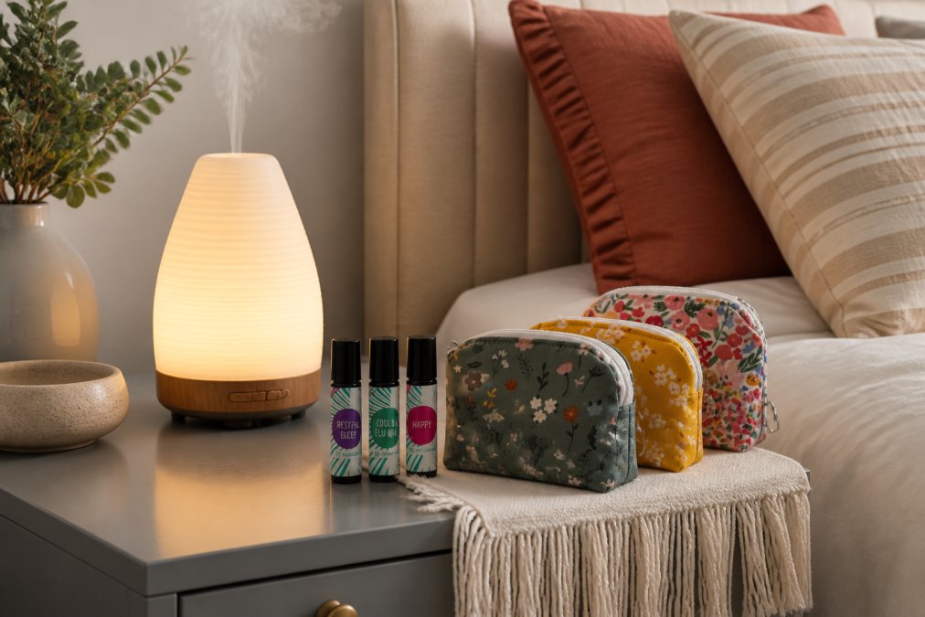 Modern bedroom with an elegant GreenAir diffuser running on a nightstand, soft white and rotating color lighting creating ambient atmosphere, essential oil bottles and wellness items arranged nearby