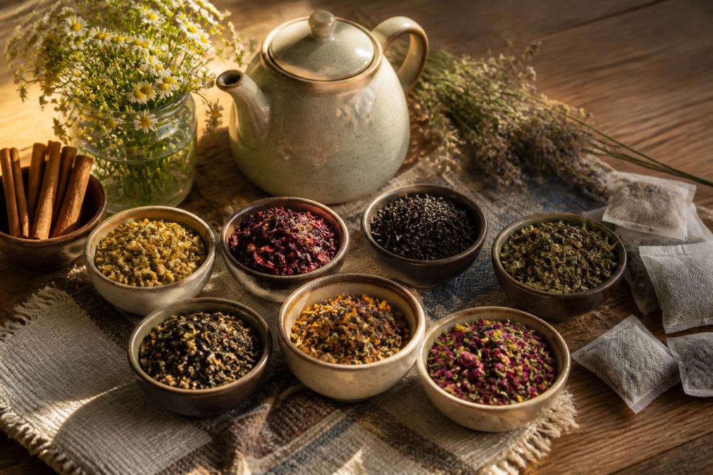 Flat lay of several loose leaf and bagged teas arranged on a rustic wooden surface with a ceramic teapot, dried chamomile flowers, cinnamon sticks, and warm golden morning light streaming across the scene