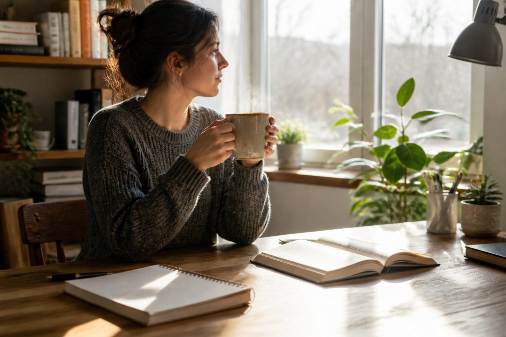 Person sitting at a home office desk with a steaming ceramic mug of tea, an open book beside them, soft natural light coming through a window behind, a calm and unhurried morning atmosphere