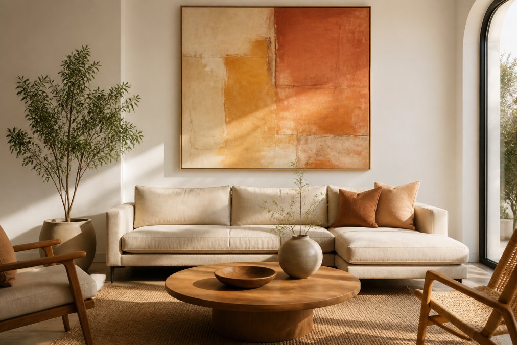 A bright, minimalist living room with white walls and a neutral linen sofa, a large abstract painting in warm ochre and terracotta hanging as the focal point above it, soft afternoon light casting gentle shadows