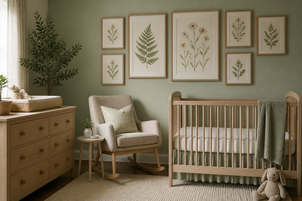 Serene nursery with soft sage green walls, cream and warm beige furniture, and framed botanical watercolor prints of wildflowers and ferns arranged in a balanced gallery wall composition