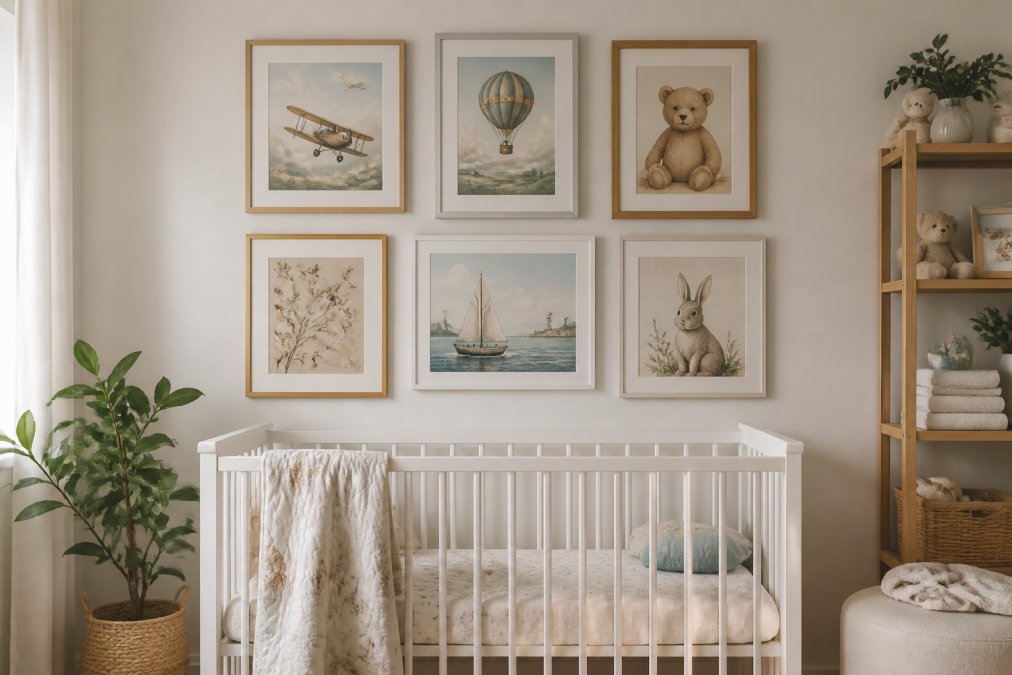 Carefully arranged nursery gallery wall featuring six framed art prints in complementary warm and cool tones, with varied frame finishes creating balanced composition above a white crib with soft bedding