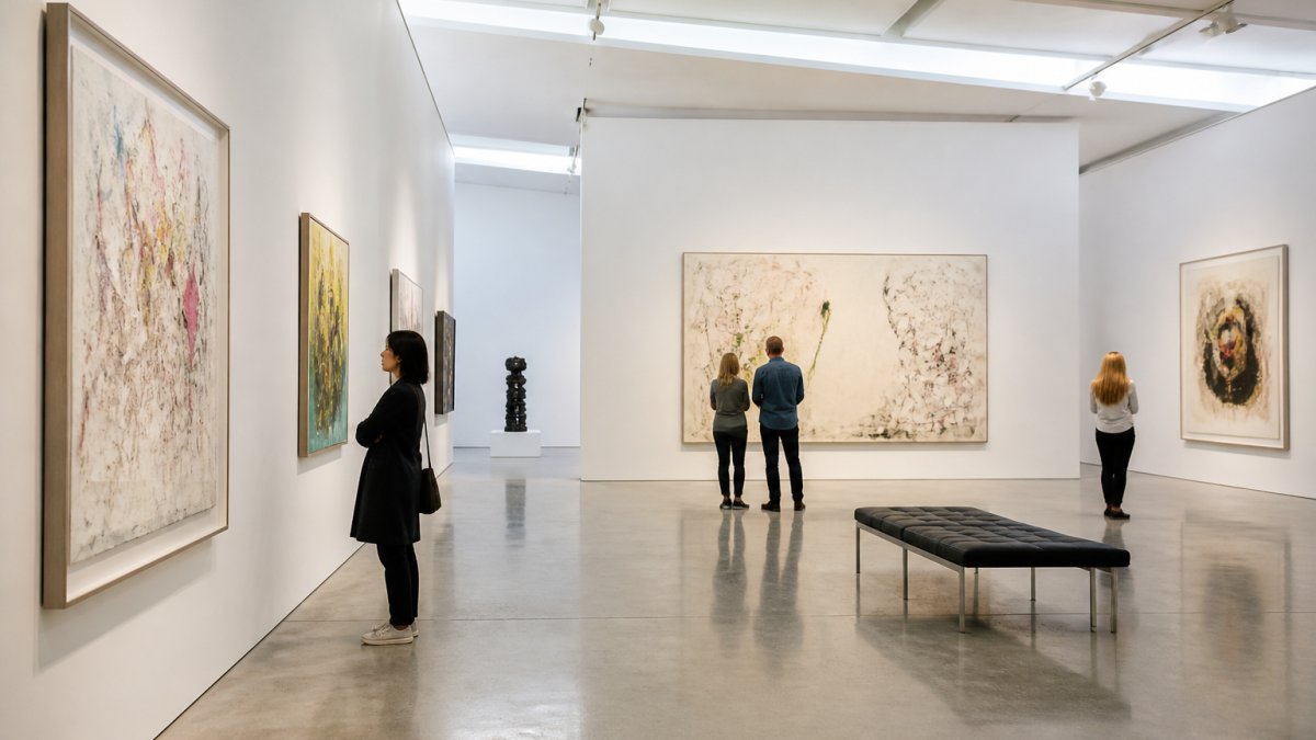 Visitors observing contemporary artwork on white walls in a bright, polished gallery space