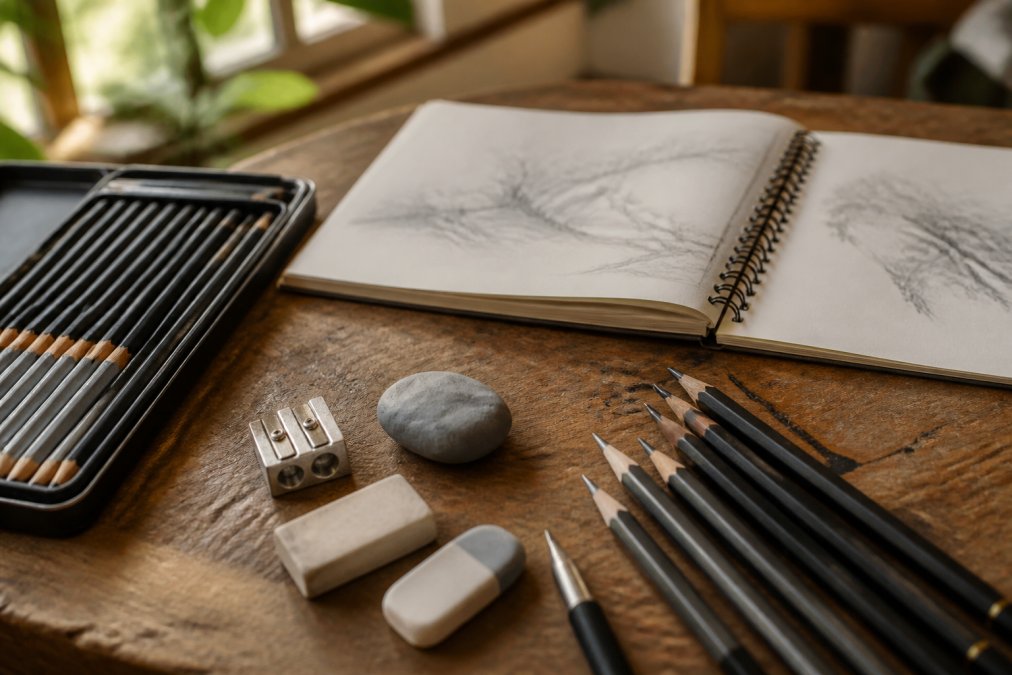 Professional artist's workspace with organized graphite pencils in varying grades, technical erasers, sharpener, and open sketchbook on natural wood desk with soft window lighting