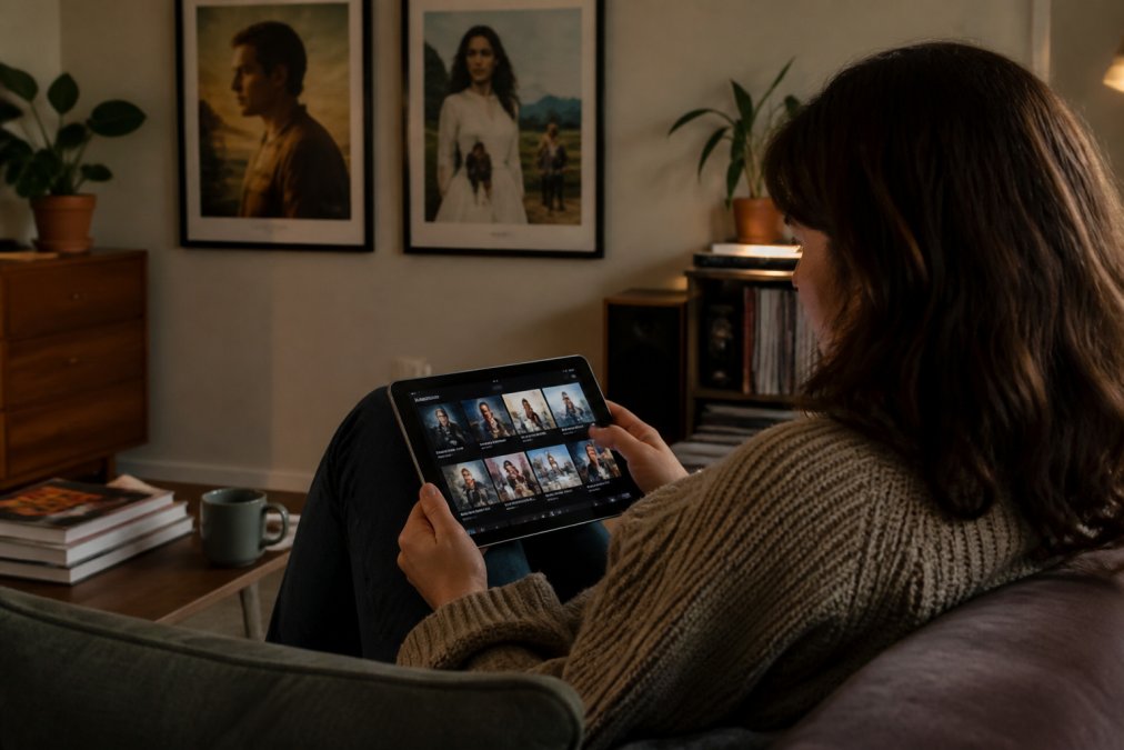 Person browsing a curated selection on an arthouse streaming service while relaxing in a cozy, film-themed living room.