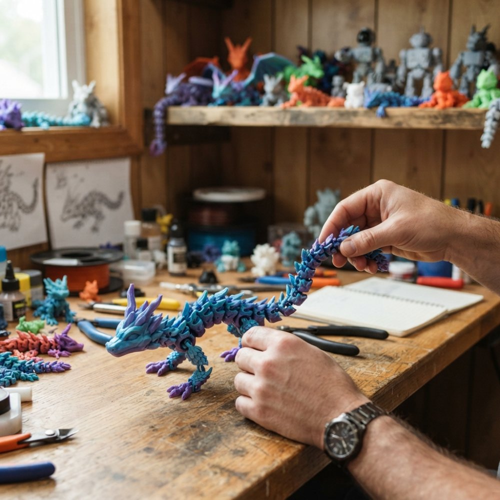 Close-up of hands adjusting the articulated tail and legs of a 3D-printed flexi dragon on a wooden desk, with a shelf of similar printed figures softly blurred in the background