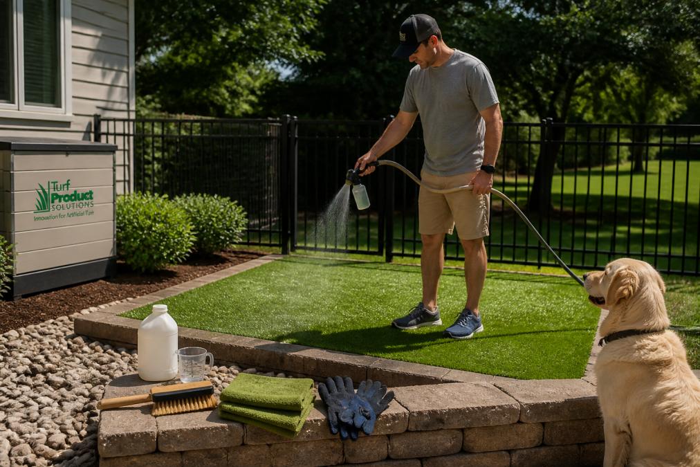 A homeowner in casual clothes using a hose-end sprayer to apply enzyme cleaner on a small artificial turf dog run in a sunny backyard, with a dog watching from the side