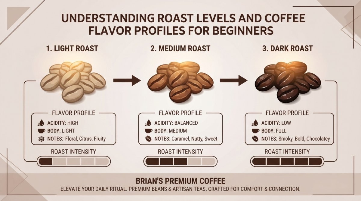 Close-up of three coffee bean samples in a line showing light, medium, and dark roast progression, with warm morning light highlighting the color differences
