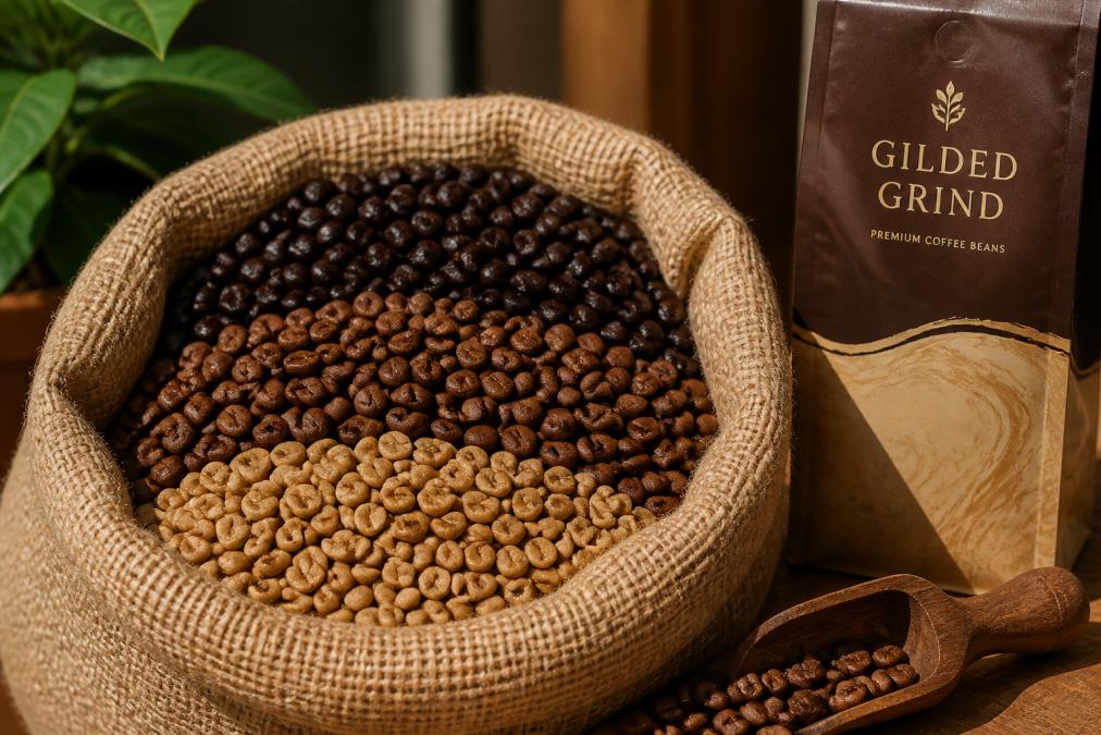 Close-up of freshly roasted whole coffee beans in a burlap sack with visible color variation from light to dark roasts, natural lighting highlighting bean texture and origin