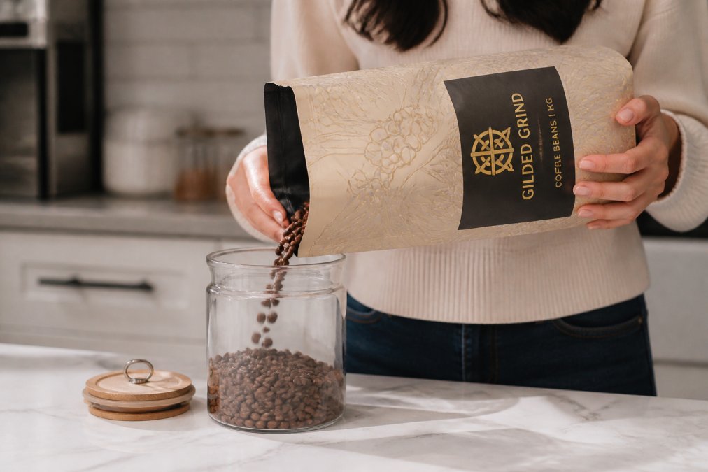 Hands carefully pouring whole beans from a sealed bag into an airtight glass container on a kitchen counter, showing proper storage technique and container choice