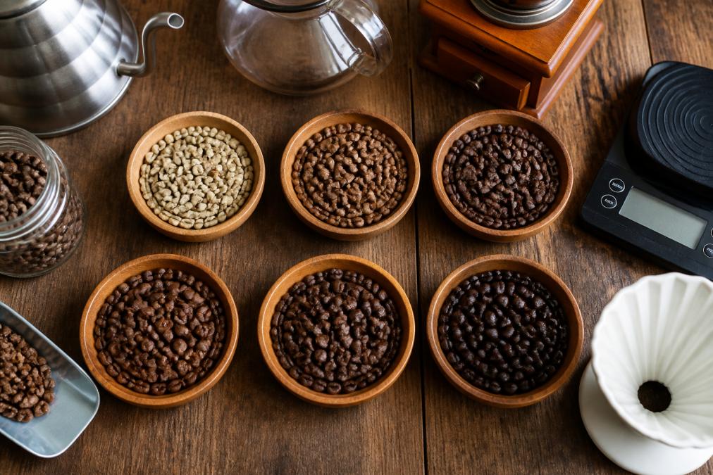 Overhead view of artisan coffee beans in various roast profiles arranged on a wooden surface, with brewing equipment and a coffee scale nearby, warm natural lighting