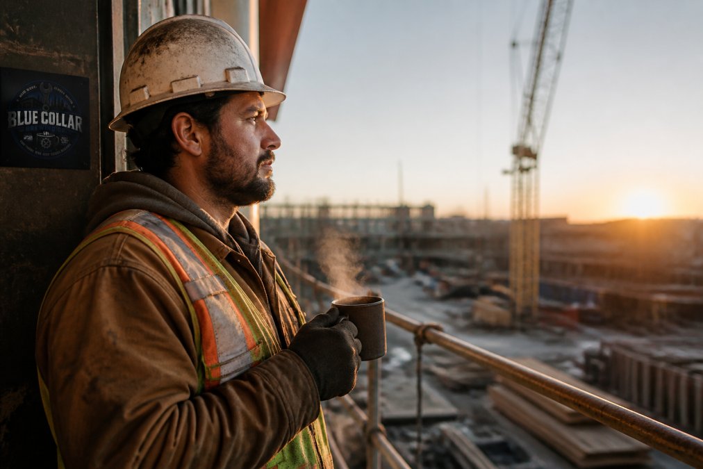 Construction worker holding a warm mug of coffee during early morning shift with job site visible in background, showing focus and readiness